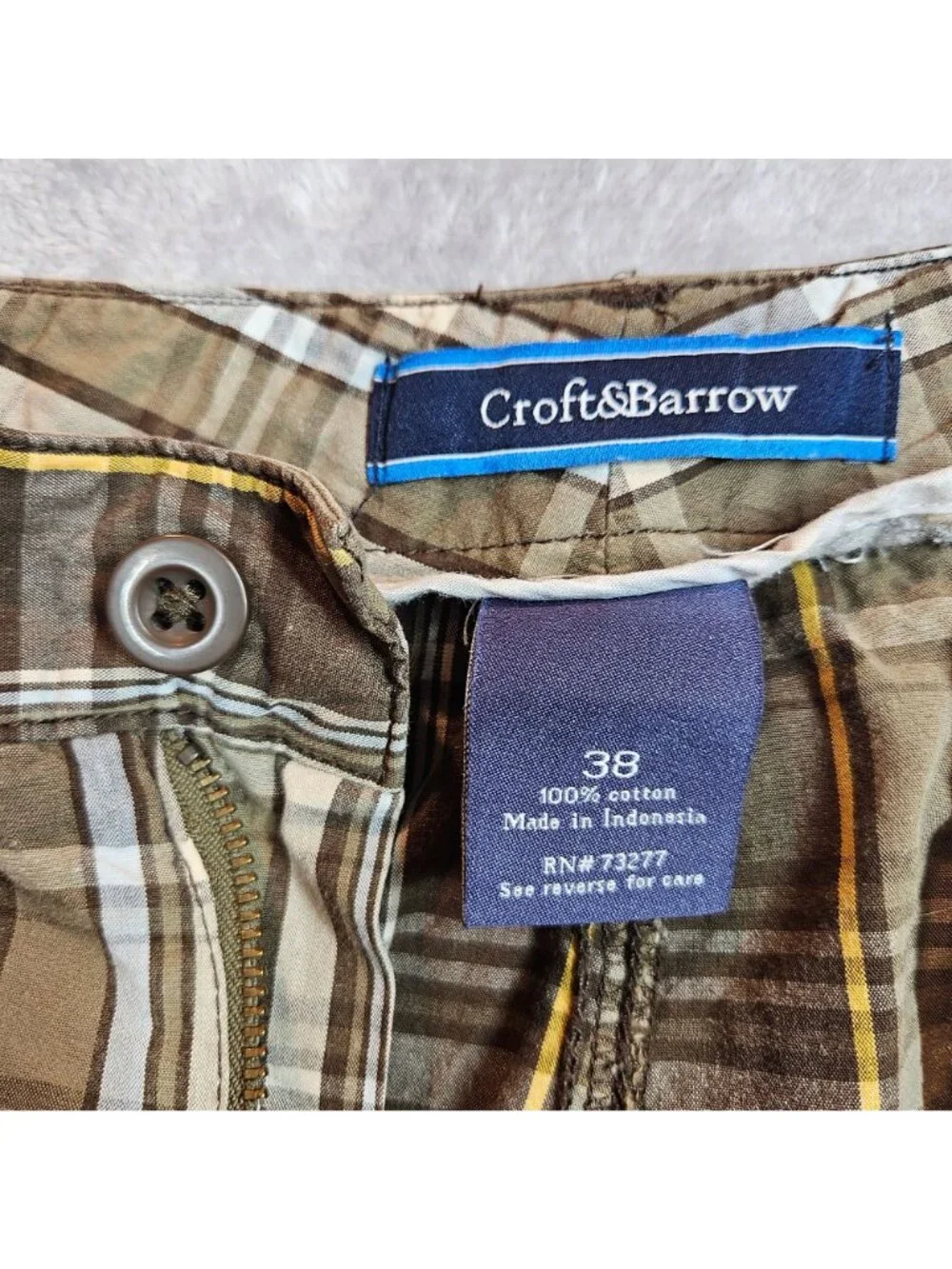 Croft & Barrow Plaid Mens 38 Shorts Brown Ivory Cotton Casual hipster vacation